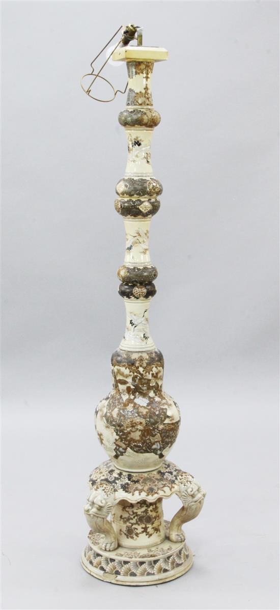 An unusual early 20th century Japanese Satsuma pottery standard lamp, H. 4ft 8in.